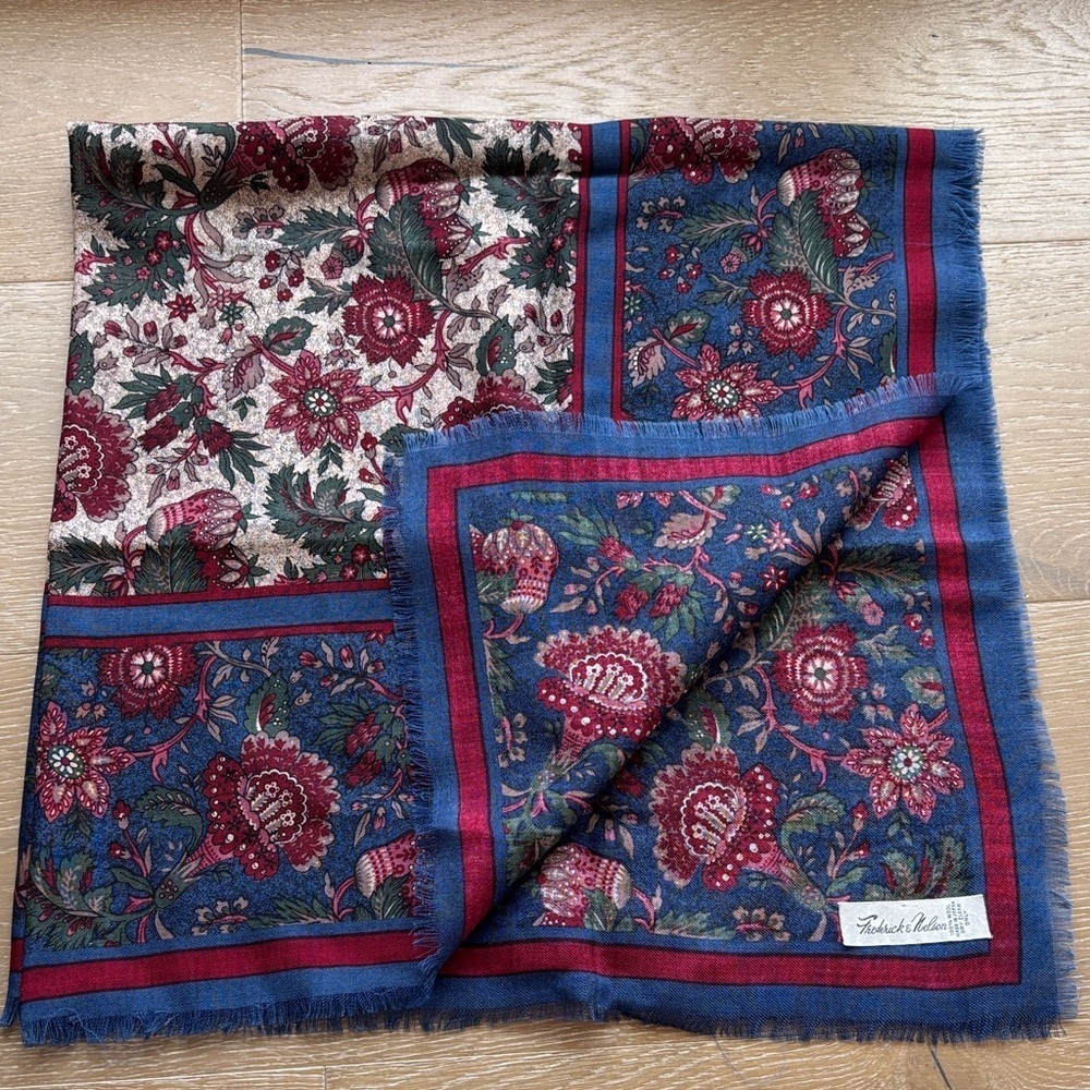 Vntg. Frederick & Nelson Wool Floral Blue and Burgundy Scarf 029 - Picture 1 of 4